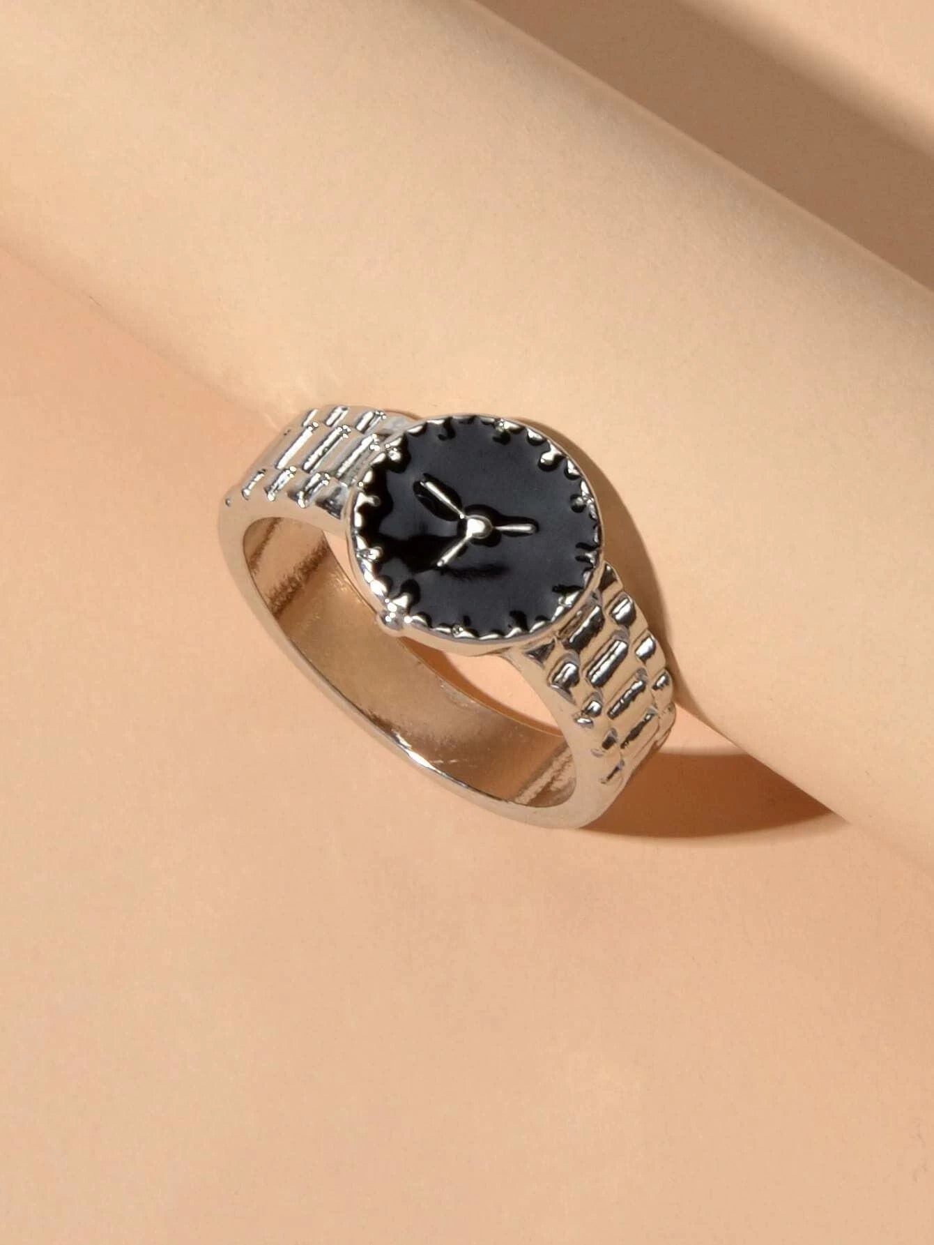 Black Enamel Watch Design Silver Fashion Women Cute Finger Ring Wholesale Price