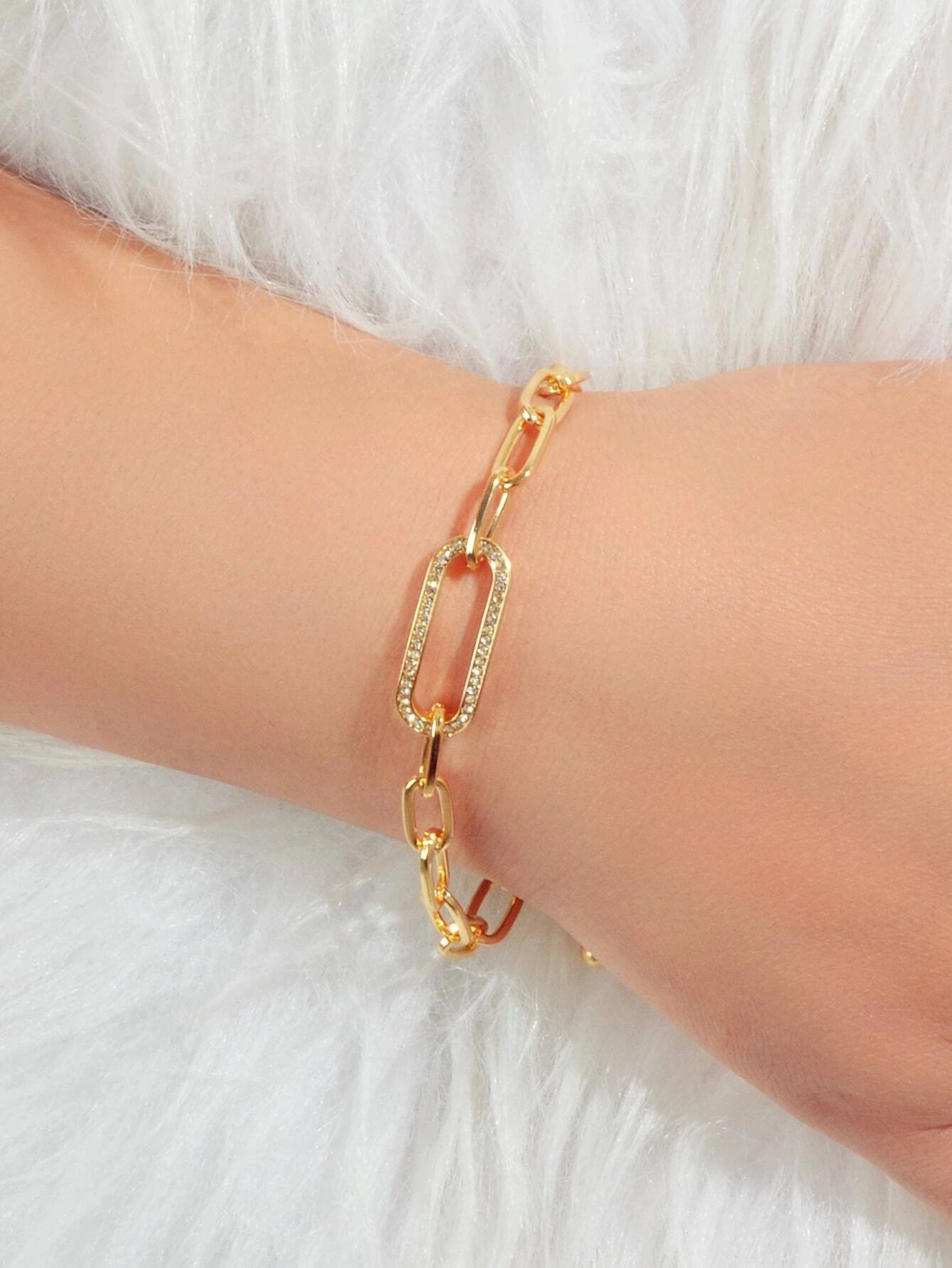 Rhinestone Decor Geometric Gold Chunky Solid Chain Bracelet Women Teens Jewelry