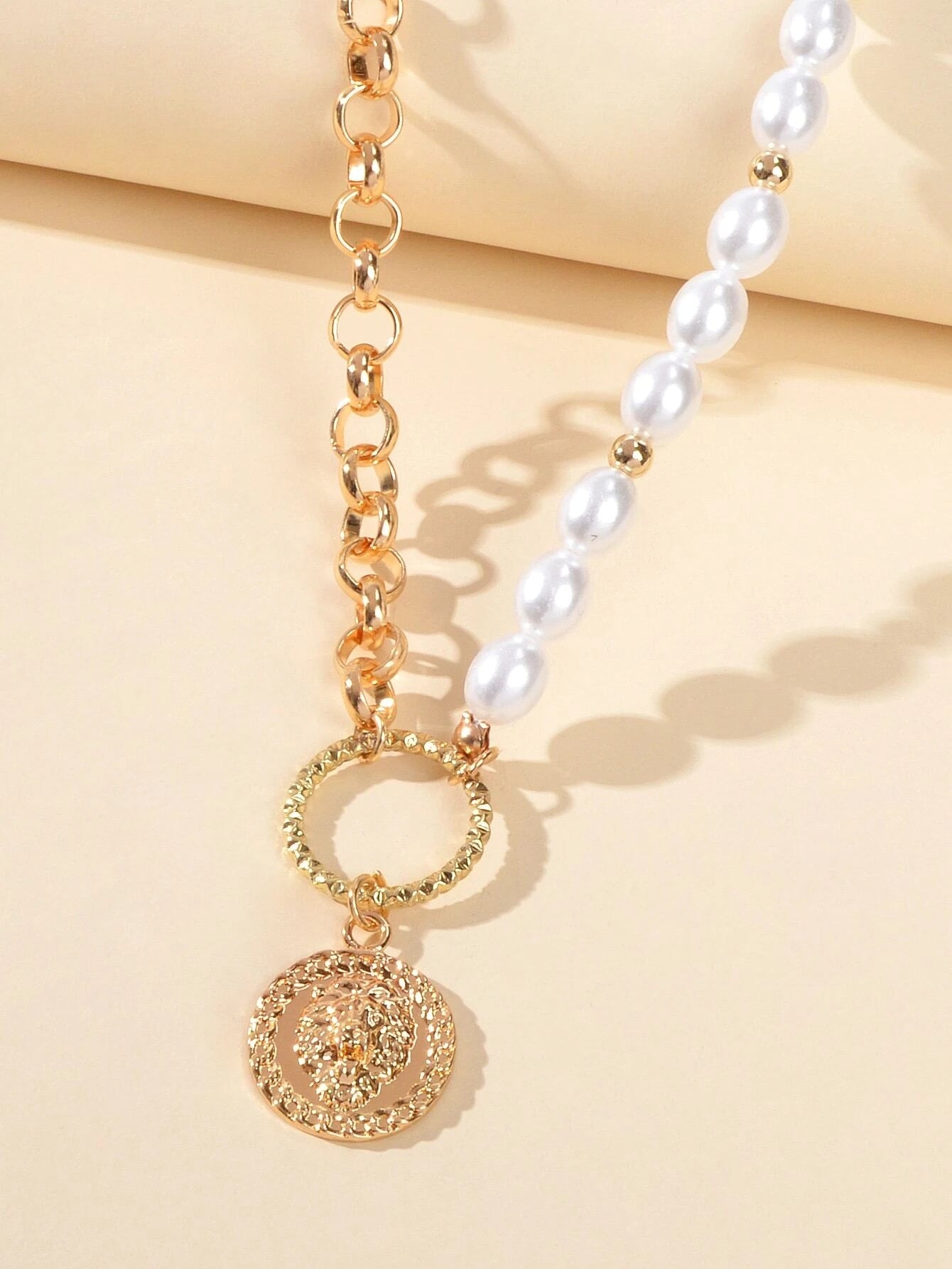 Gold Chain with Pearl Lion Head Round Pendant Necklace Chunky Gothic Jewellery