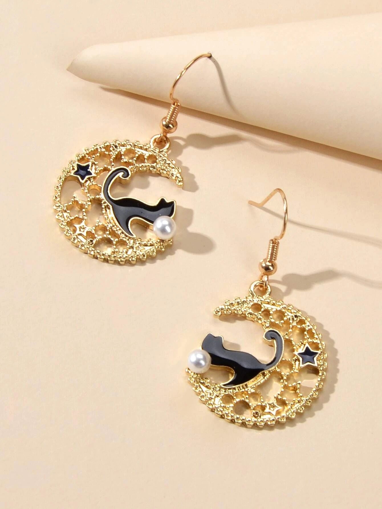AU Stock Hollow out Lovely Black Enamel Cat Star Moon Drop Dangle Gold Earrings