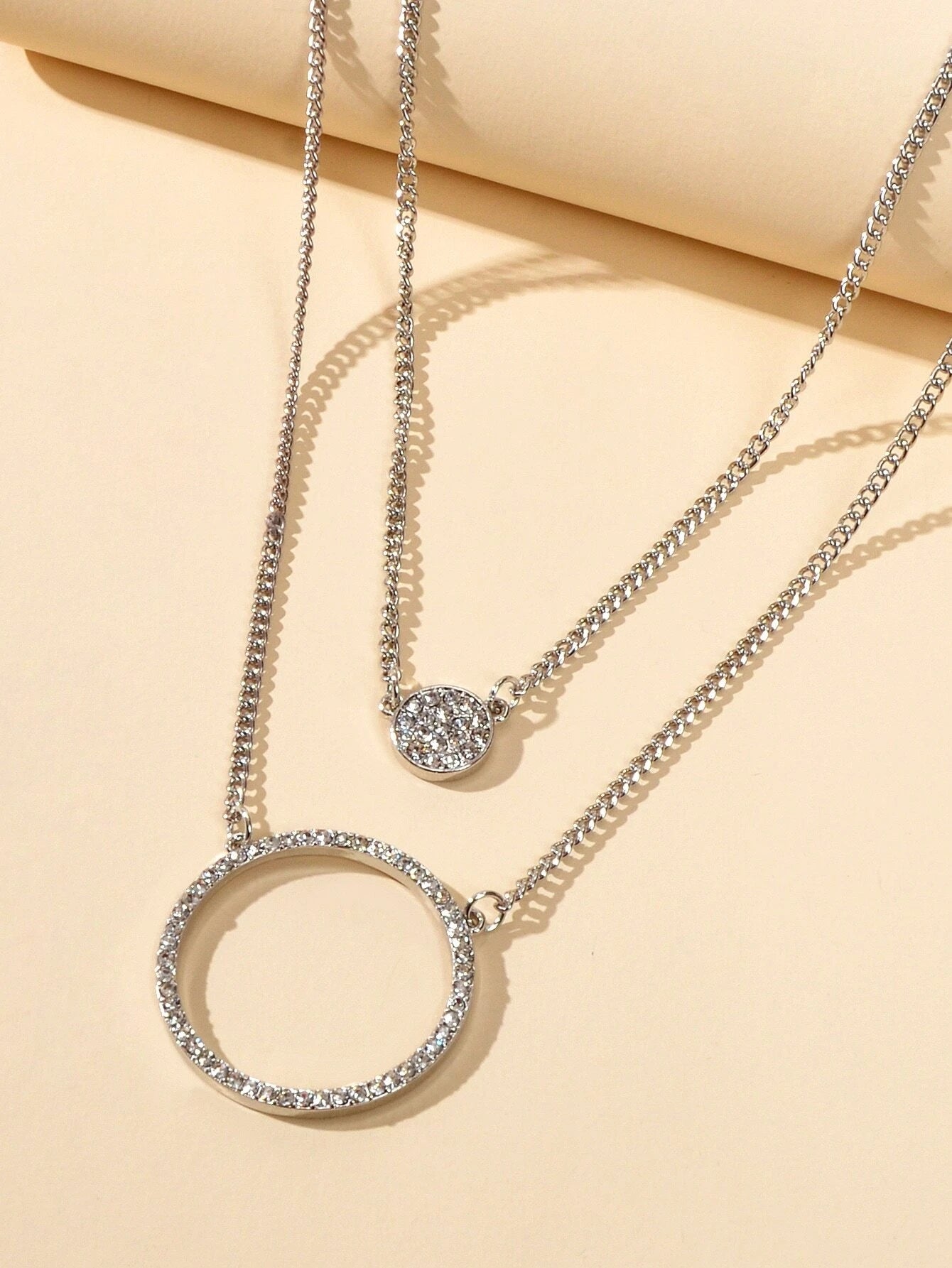 2 pcs Gold Silver Chain Rhinestone Round Circle Pendant Necklace Jewellery Gift