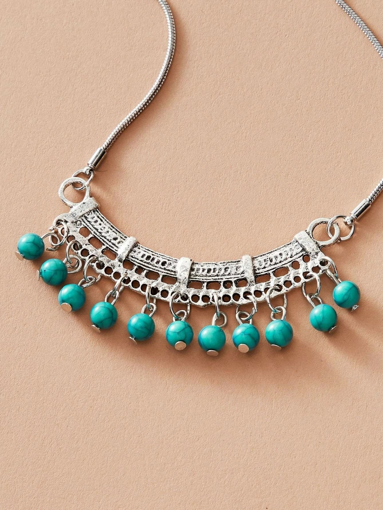Tribal Ethnic Antique Silver Chain Turquoise Bead Bib Necklace Boho Blue Jewelry