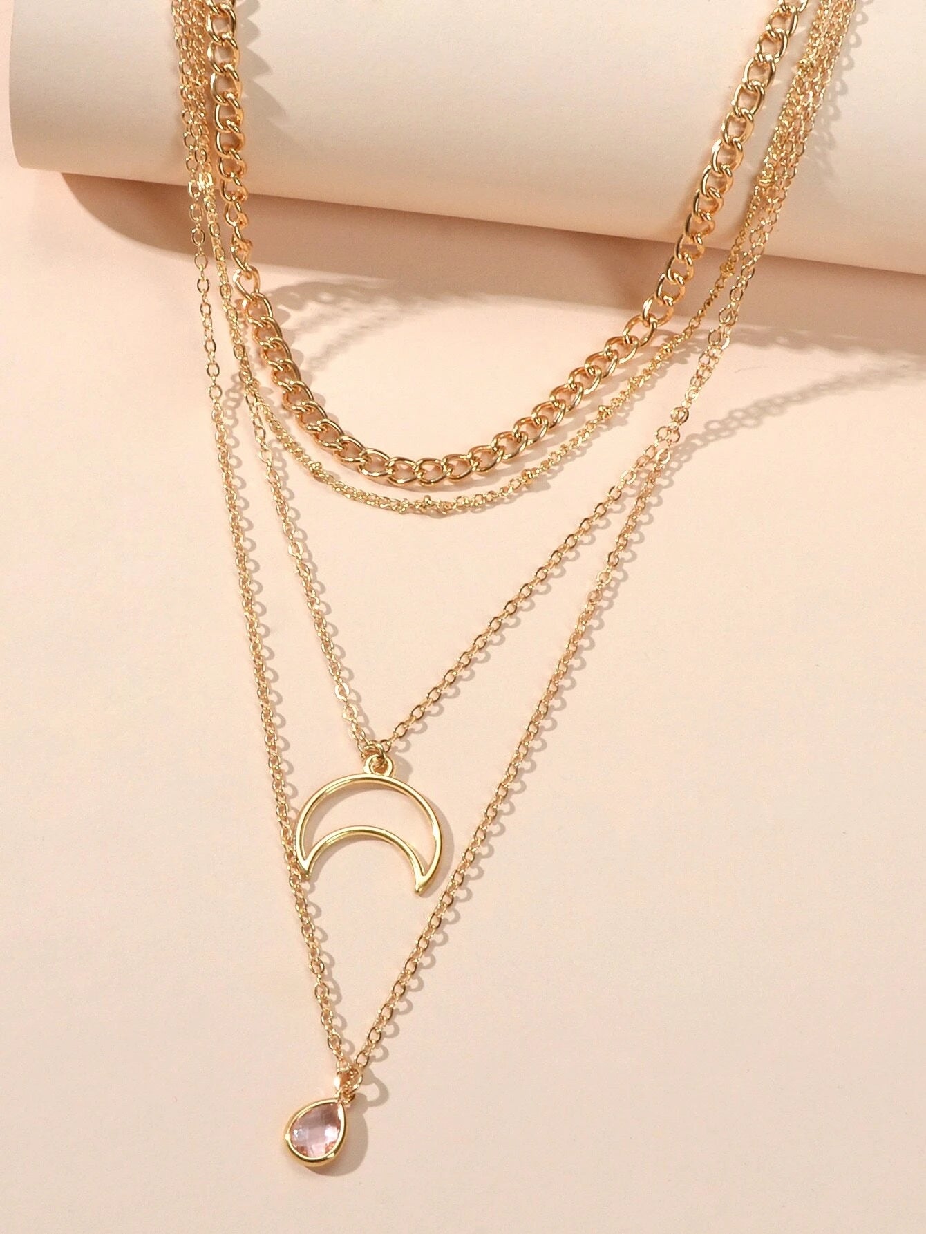 Multi-layer Gold Tone Chain Moon Water Drop Pendant Necklace Girls Party Jewelry