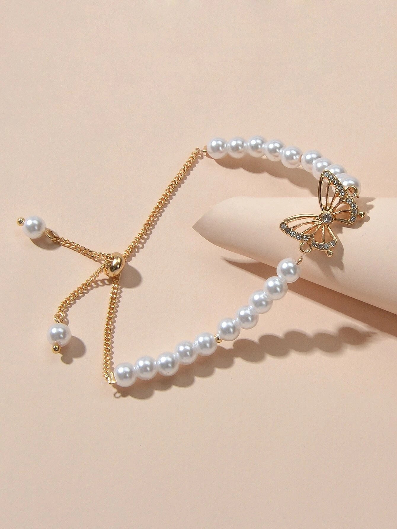 Fashion Jewellery Rhinestone Butterfly Charm Pearl Sliding Adjustable Bracelet