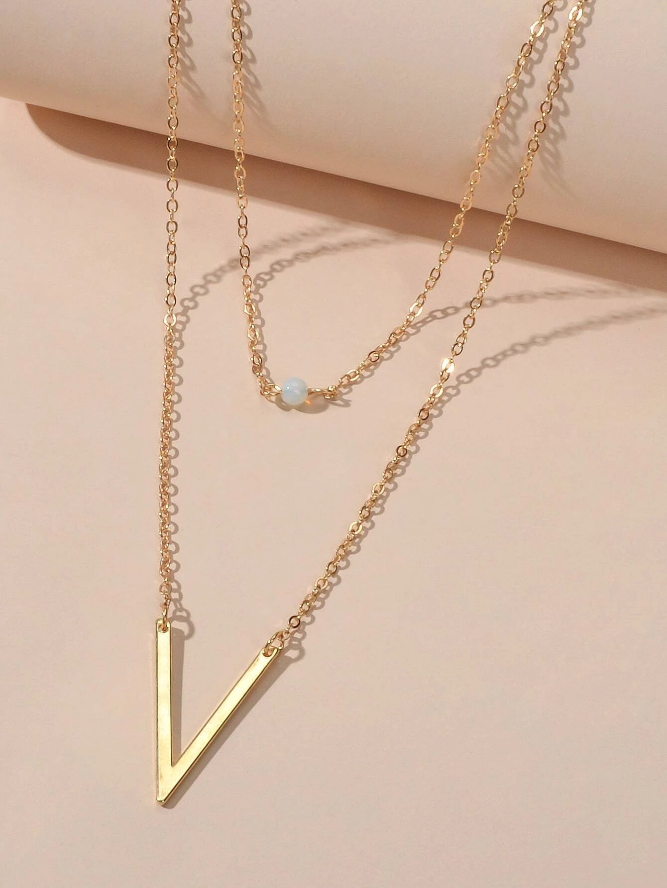 Double layer Gold Chain Letter V Shape Geometric Pendant Necklace Jewellery Gift