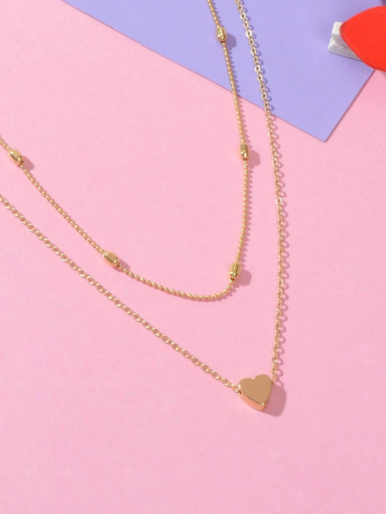 Double Layer Gold Chain Heart Charm Necklace Triangle Stud Earrings Jewelry Set