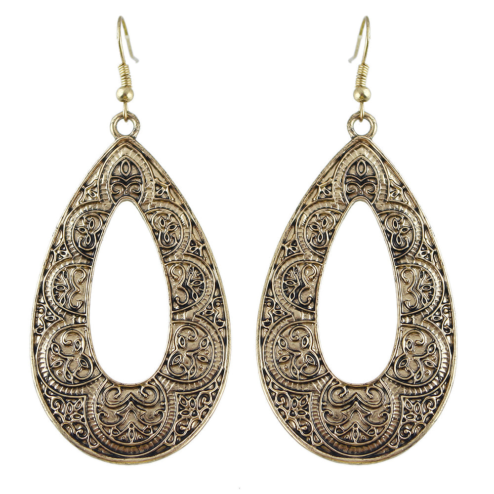 Tribal Ethnic Antique Gold Silver Carved Water Drop Big Earrings Boho Jewellery