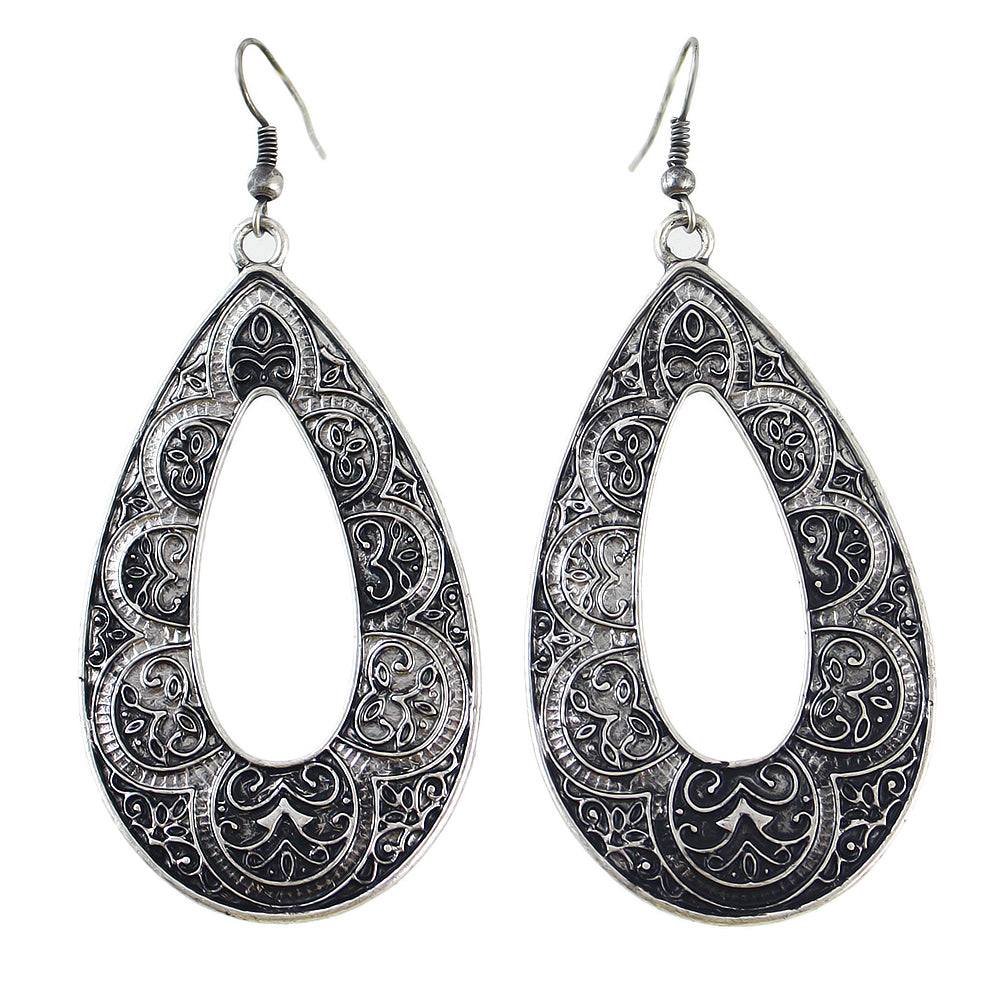 Tribal Ethnic Antique Gold Silver Carved Water Drop Big Earrings Boho Jewellery