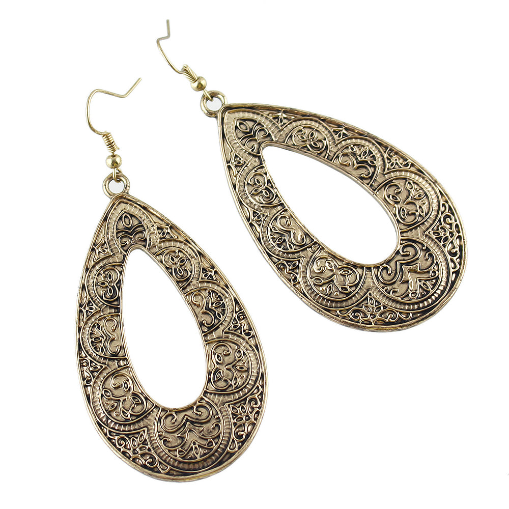 Tribal Ethnic Antique Gold Silver Carved Water Drop Big Earrings Boho Jewellery