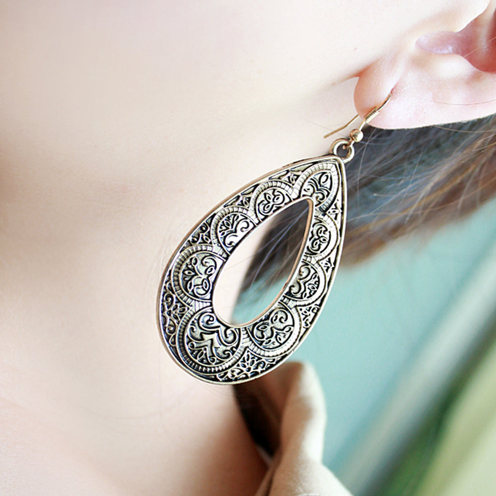 Tribal Ethnic Antique Gold Silver Carved Water Drop Big Earrings Boho Jewellery
