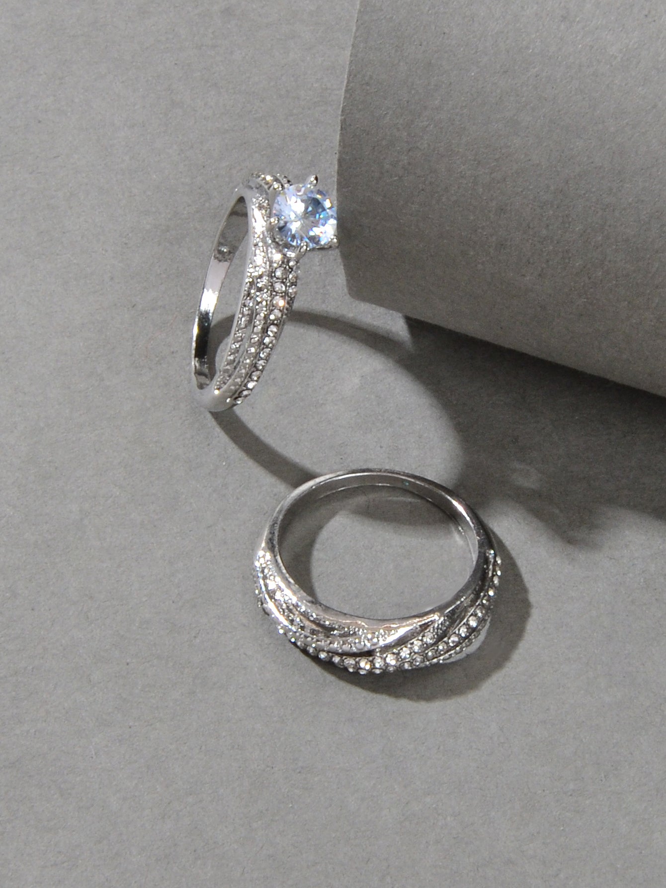 2 pcs Wedding Jewellery Luxurious Rhinestone Silver Finger Ring Bridal Ring Band