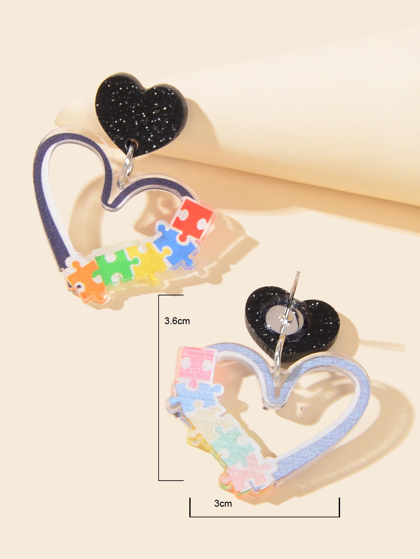 Cute Funny Female Jewellery Colourful Puzzle Acrylic Black Heart Dangle Earrings