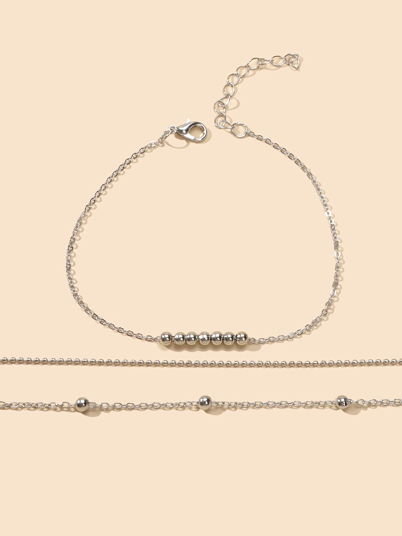 Barefoot Sandals Anklet Bracelet 3pcs Silver Chain Beads Adjustable Foot Jewelry