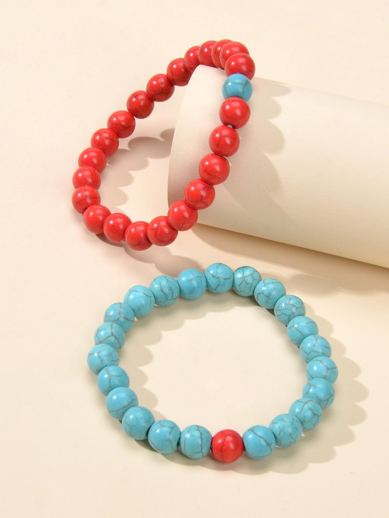 2pcs Bohemian Ethnic Handmade Red Beige Beads Turquoise Elastic Bracelets Bangle