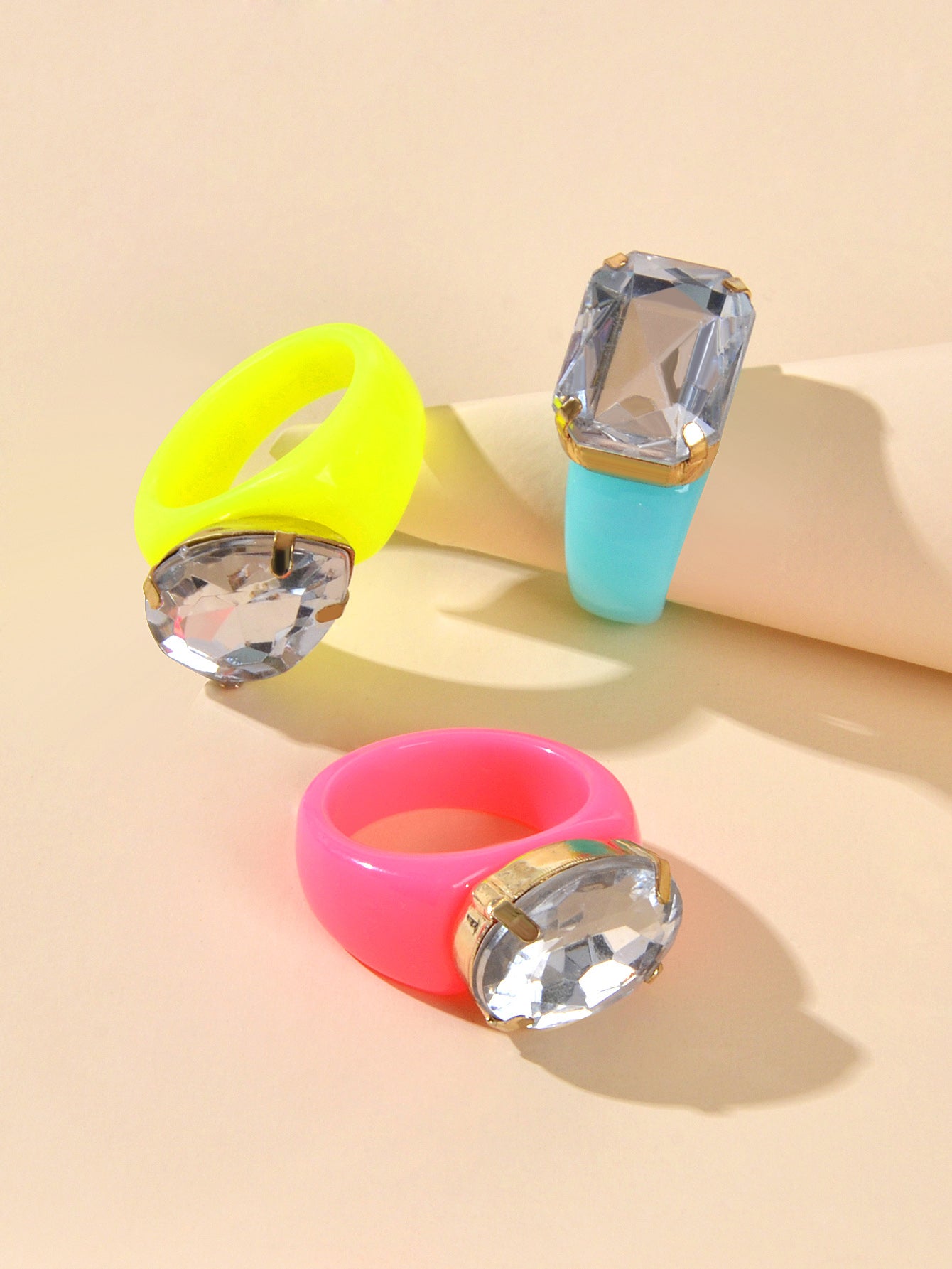 3 pcs Party Rhinestone Decor Candy Color Resin Chunky Stackable Multiple Rings