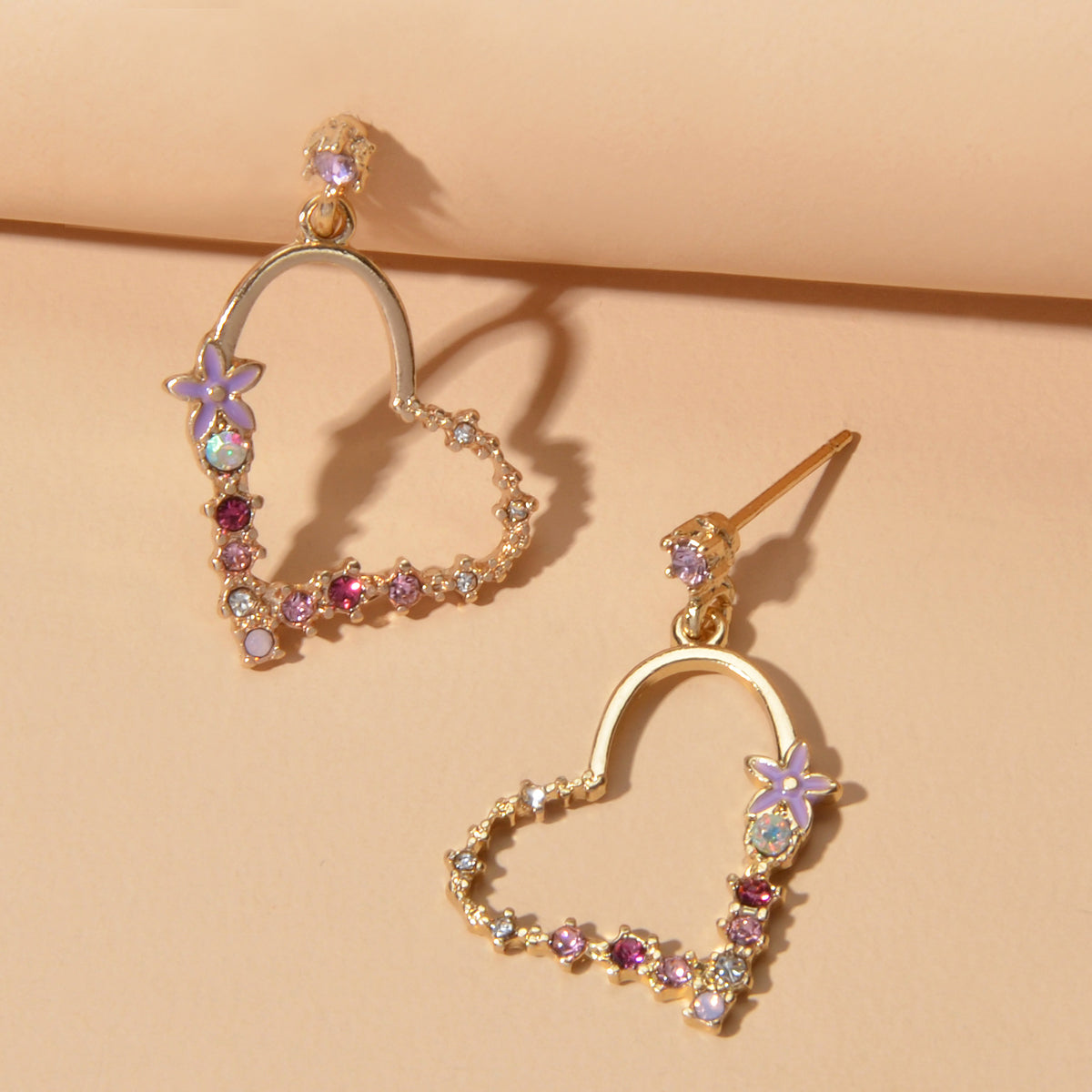 Good Quality Rhinestone Flower Gold Heart Drop Earrings Girl Fashion Accessories