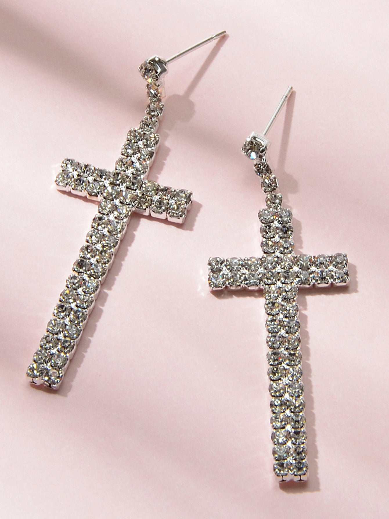 Female Jewellery Punk Shining Full Rhinestone Silver Cross Statement Earrings