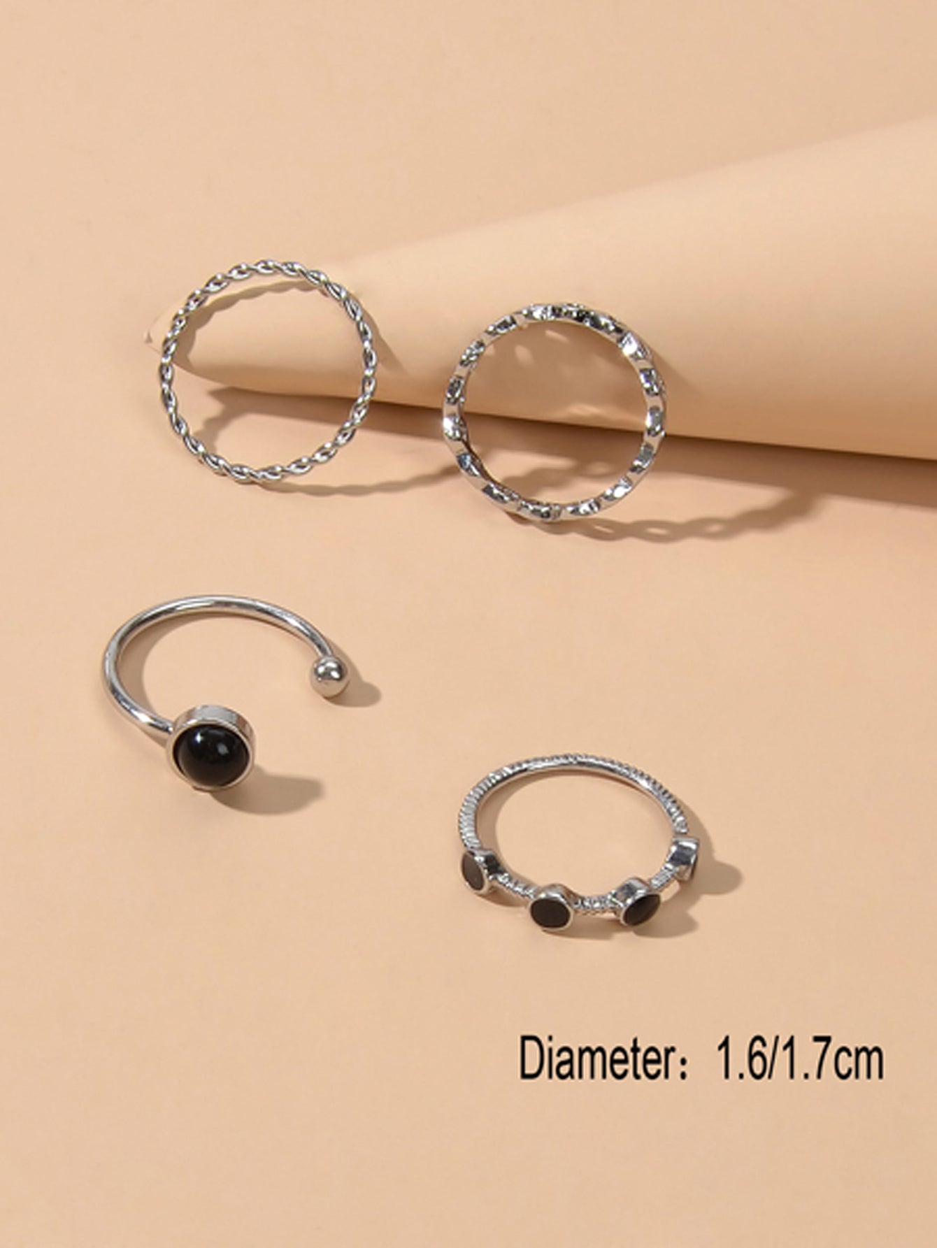 4 pcs Black Enamel Beads Silver Midi Finger Knuckle Multiple Rings set Bulk Pack