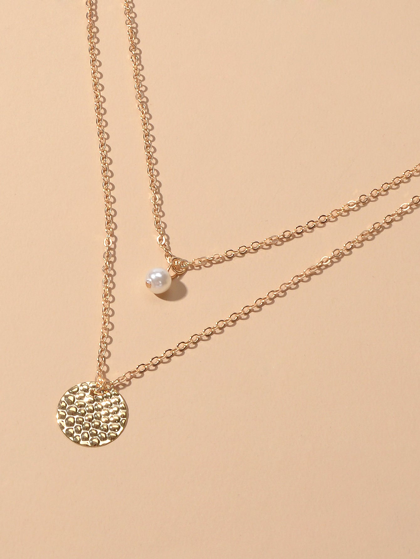 Female Layered Gold Chain Pearl Round Disc Pendant Necklace Party Accessories