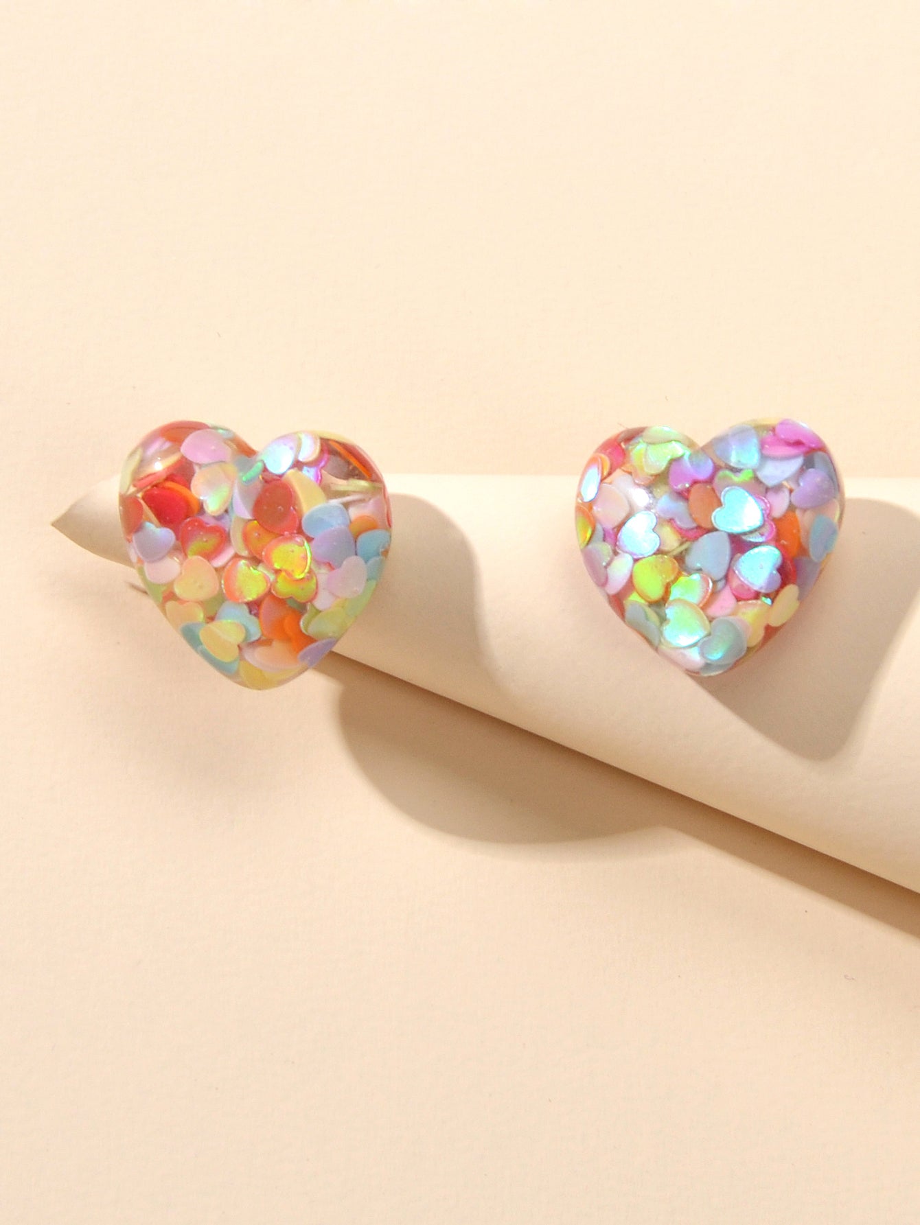 Love Heart Handmade Sparkle Glitter Stud Sequins Pierced Earrings Resin Jewelry