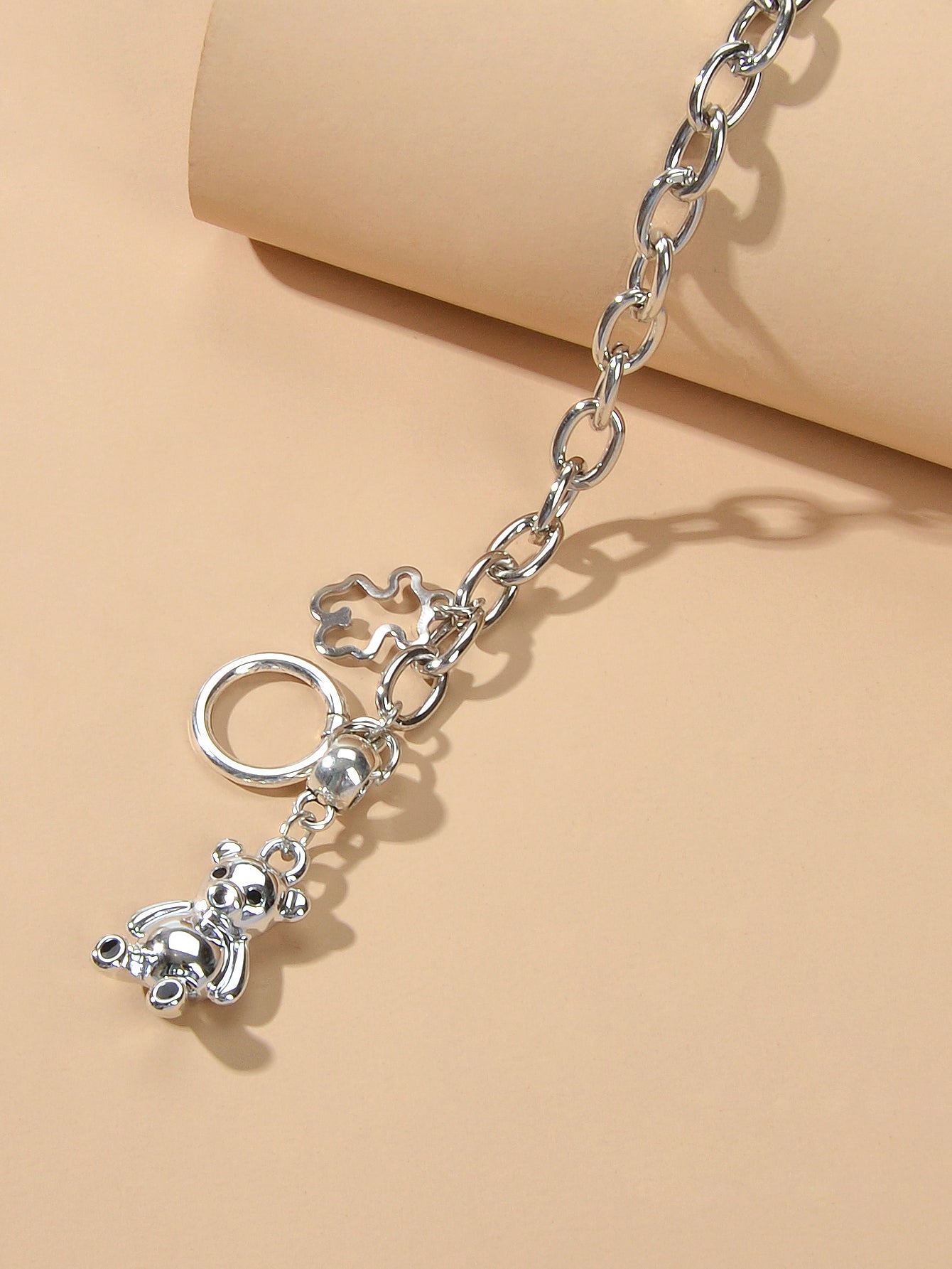 Designer Silver Bear Charm Dainty Cuban Chunky Link Paperclip Chain Bracelets