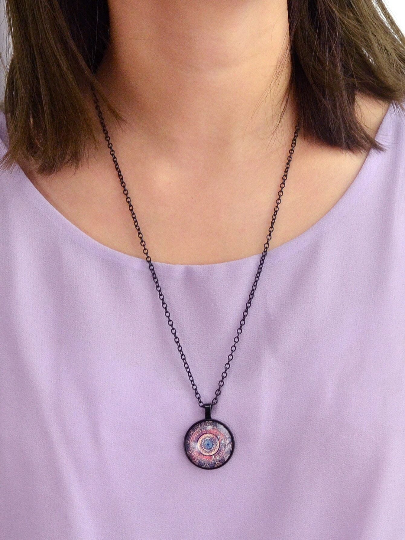 Gothic Black Chain Geometric Pattern Acrylic Round Ball Pendant Ethnic Necklace