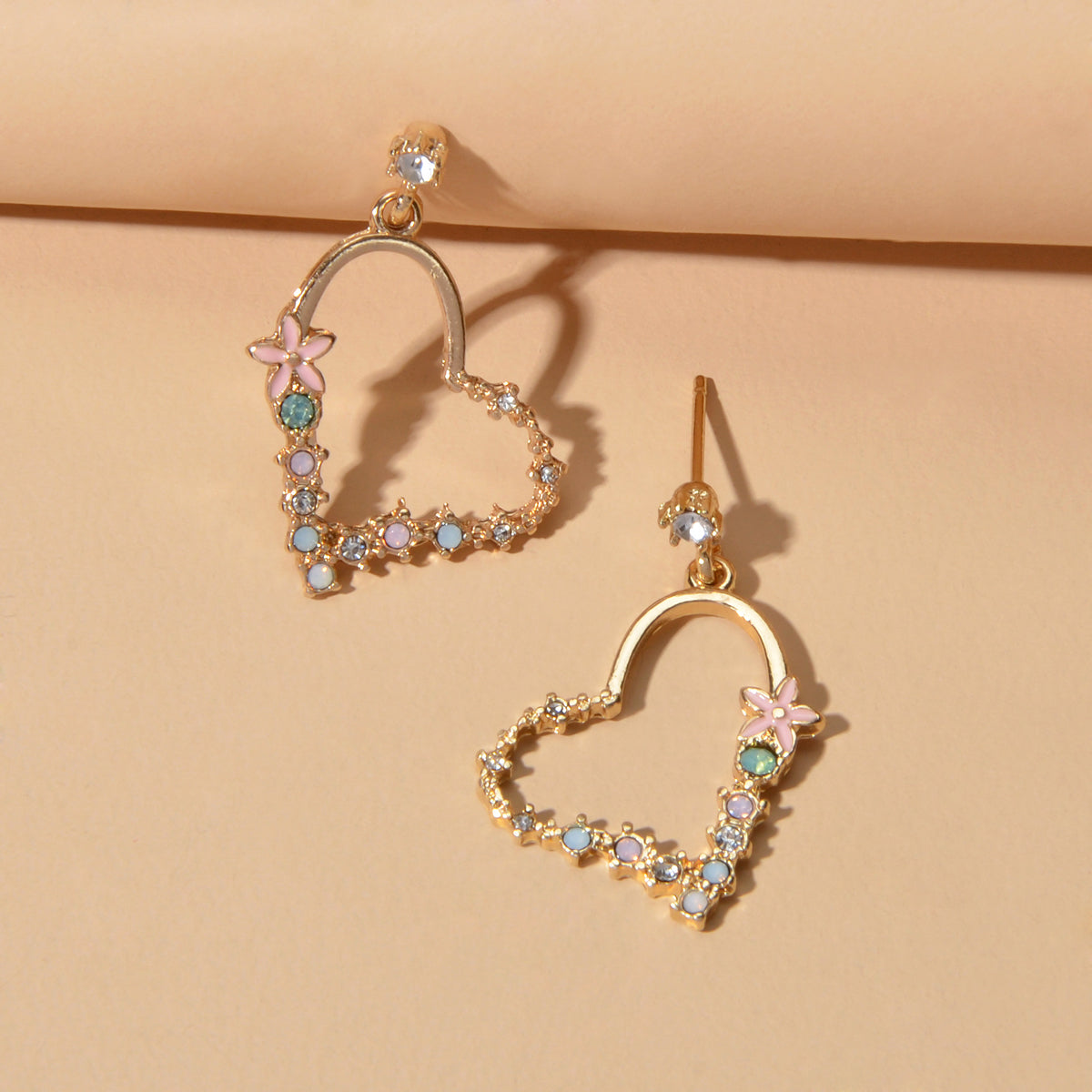 Good Quality Rhinestone Flower Gold Heart Drop Earrings Girl Fashion Accessories