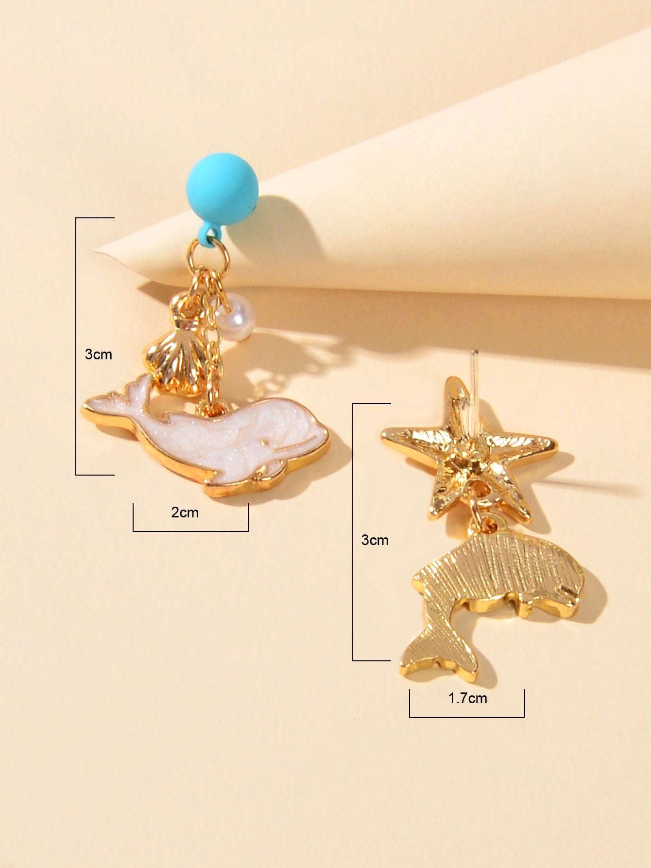 Nautical Jewelry Blue Beads Star Shell Dolphin Asymmetric Dangle Ocean Earrings