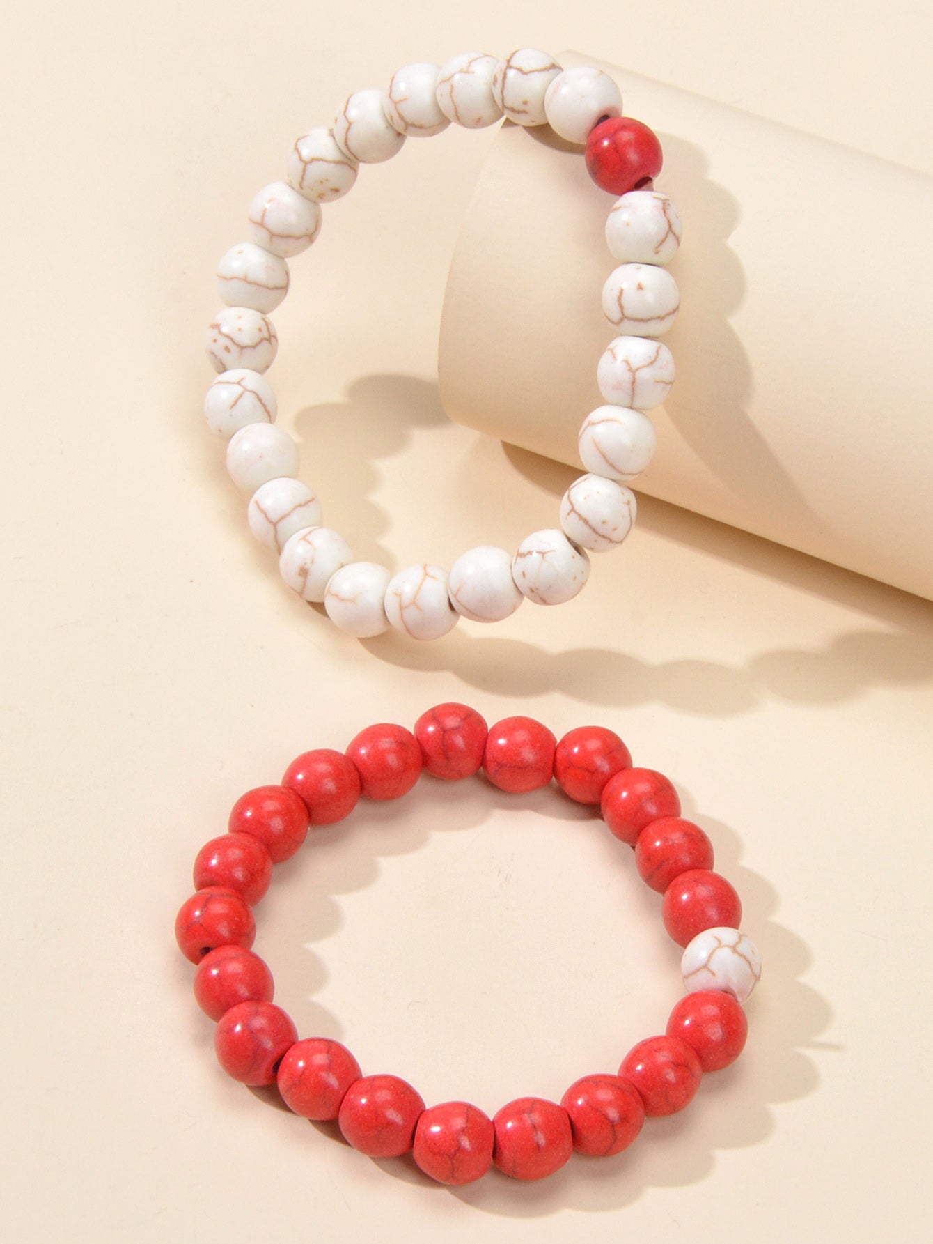 2pcs Bohemian Ethnic Handmade Red Beige Beads Turquoise Elastic Bracelets Bangle