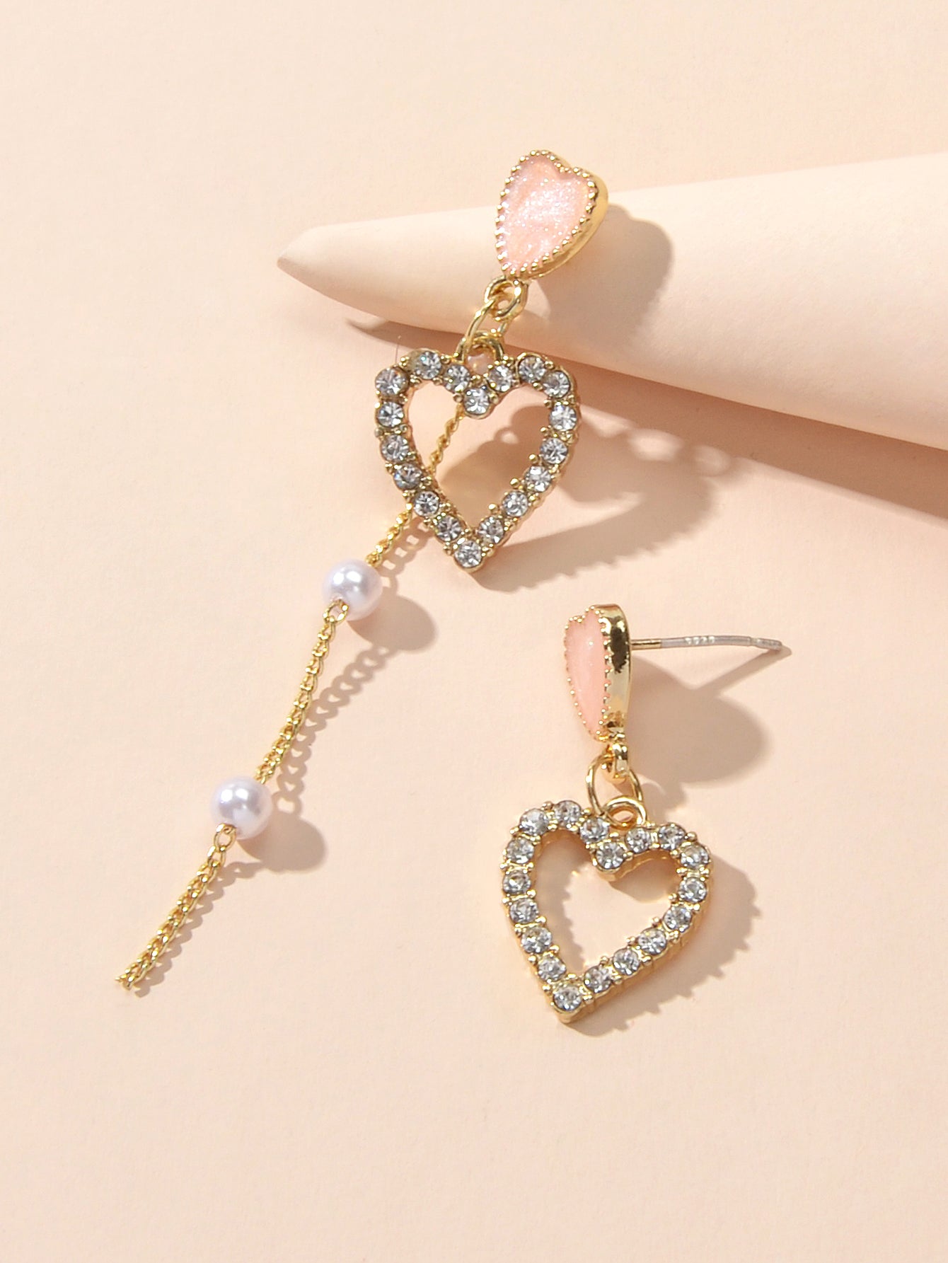 Perfect Engagement Gift Pearl Rhinestone Pink Love Heart Asymmetric Drop Earring