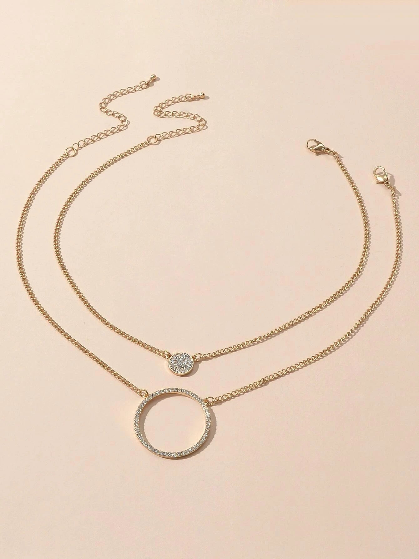 2 pcs Gold Silver Chain Rhinestone Round Circle Pendant Necklace Jewellery Gift