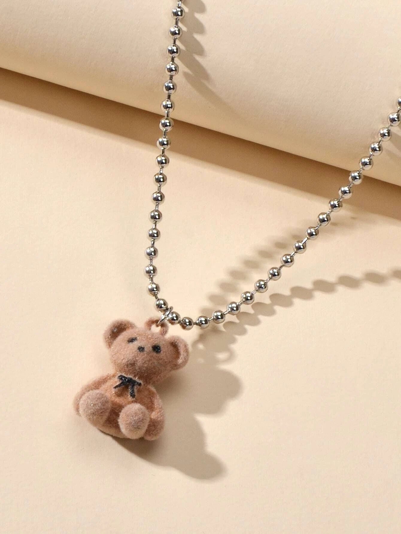 Silver Ball Chain Lovely 3D Brown Bear Charm Necklace Trendy Jewellery Accessory