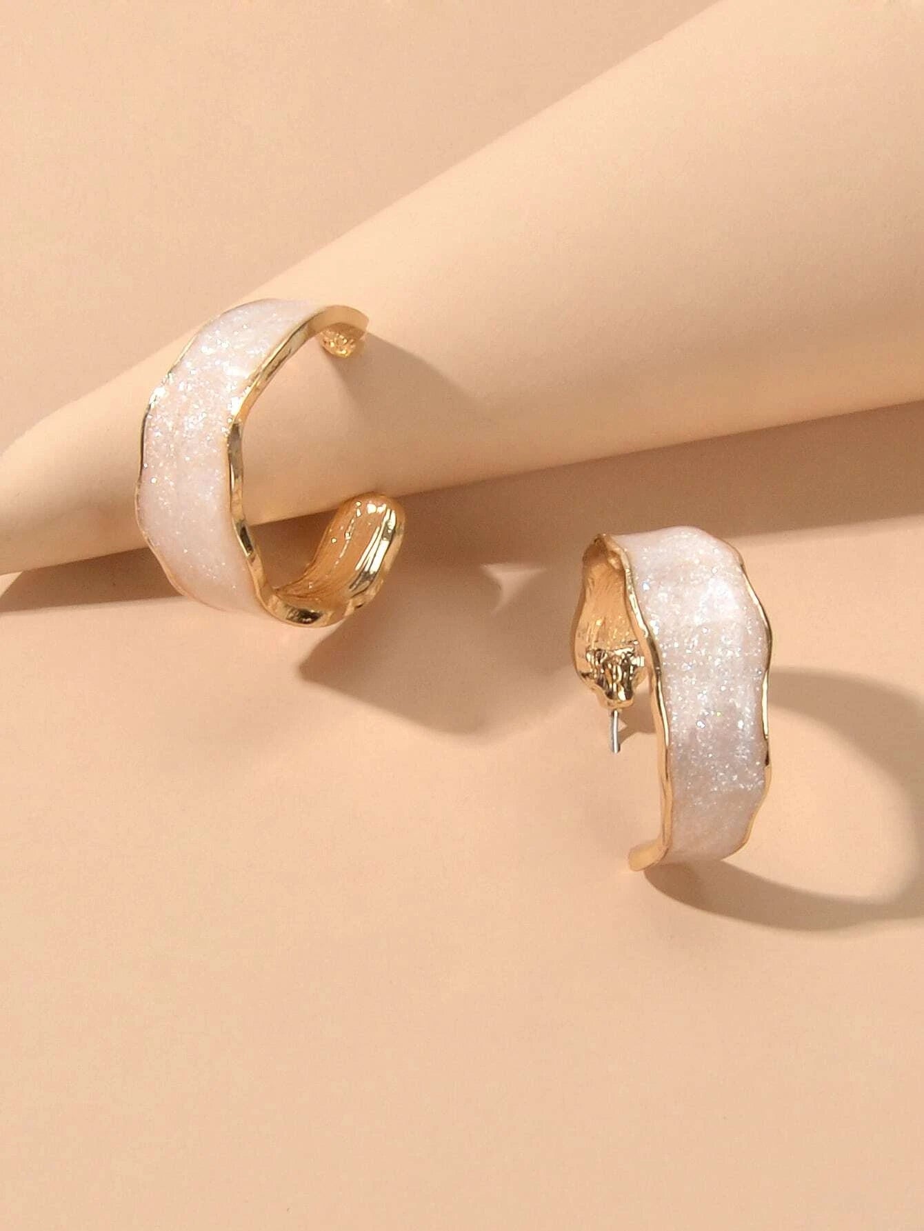 Pink Enamel Circle Shining Hoop Earrings C Shape Stud Teens Textured Jewellery