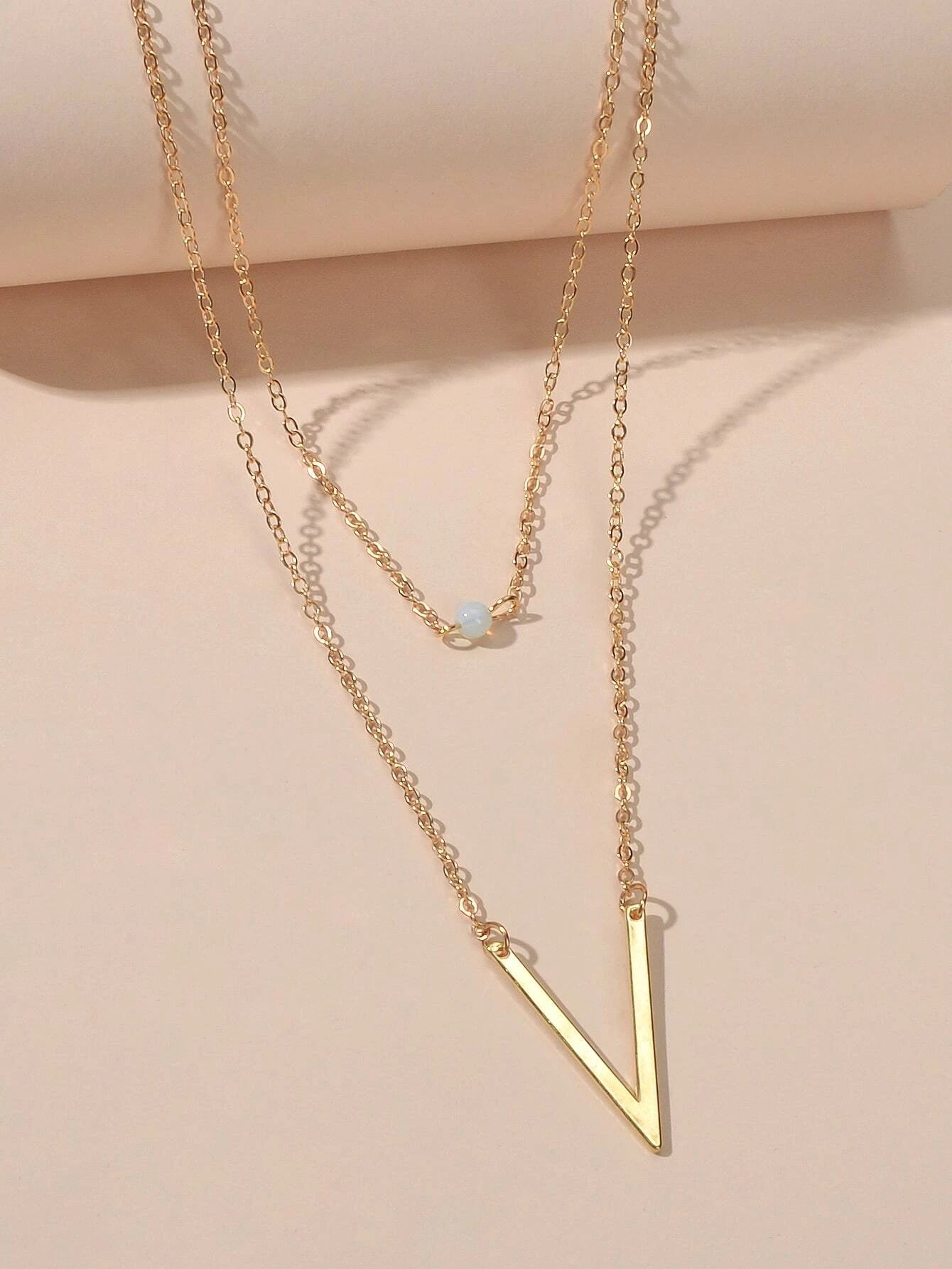 Double layer Gold Chain Letter V Shape Geometric Pendant Necklace Jewellery Gift