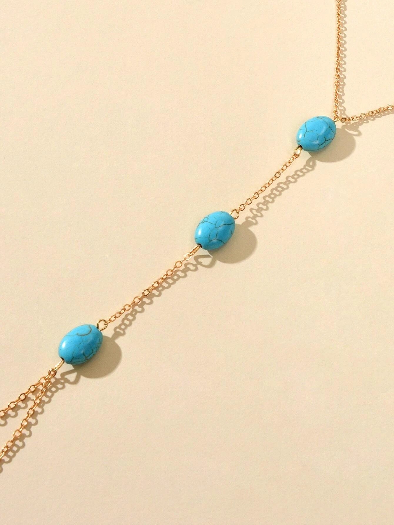 1 pc Bohemian Foot Beach Jewelry Gold Chain Turquoise Beads Anklet with Toe Ring