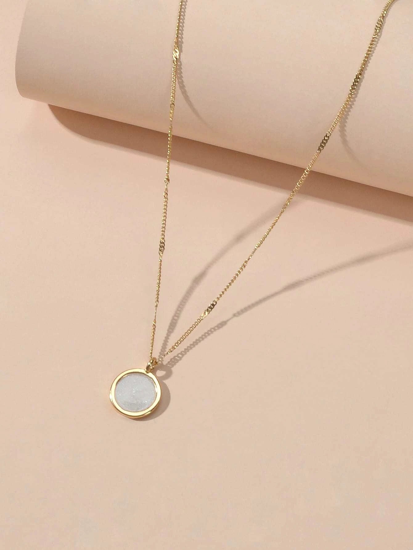 Textured Jewellery Gold Chain White Enamel Round Pendant Necklace Accessories
