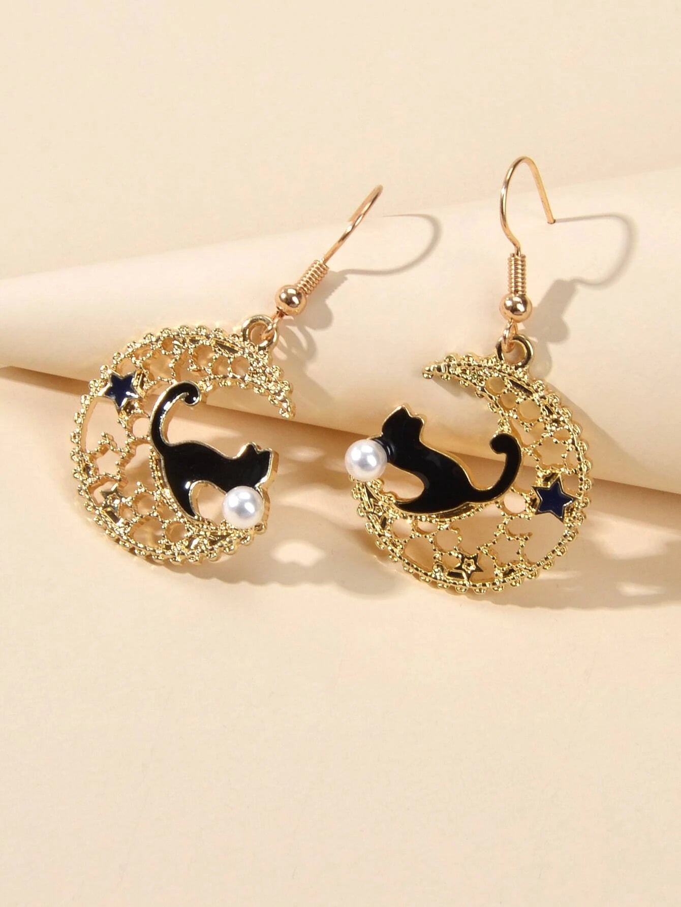 AU Stock Hollow out Lovely Black Enamel Cat Star Moon Drop Dangle Gold Earrings