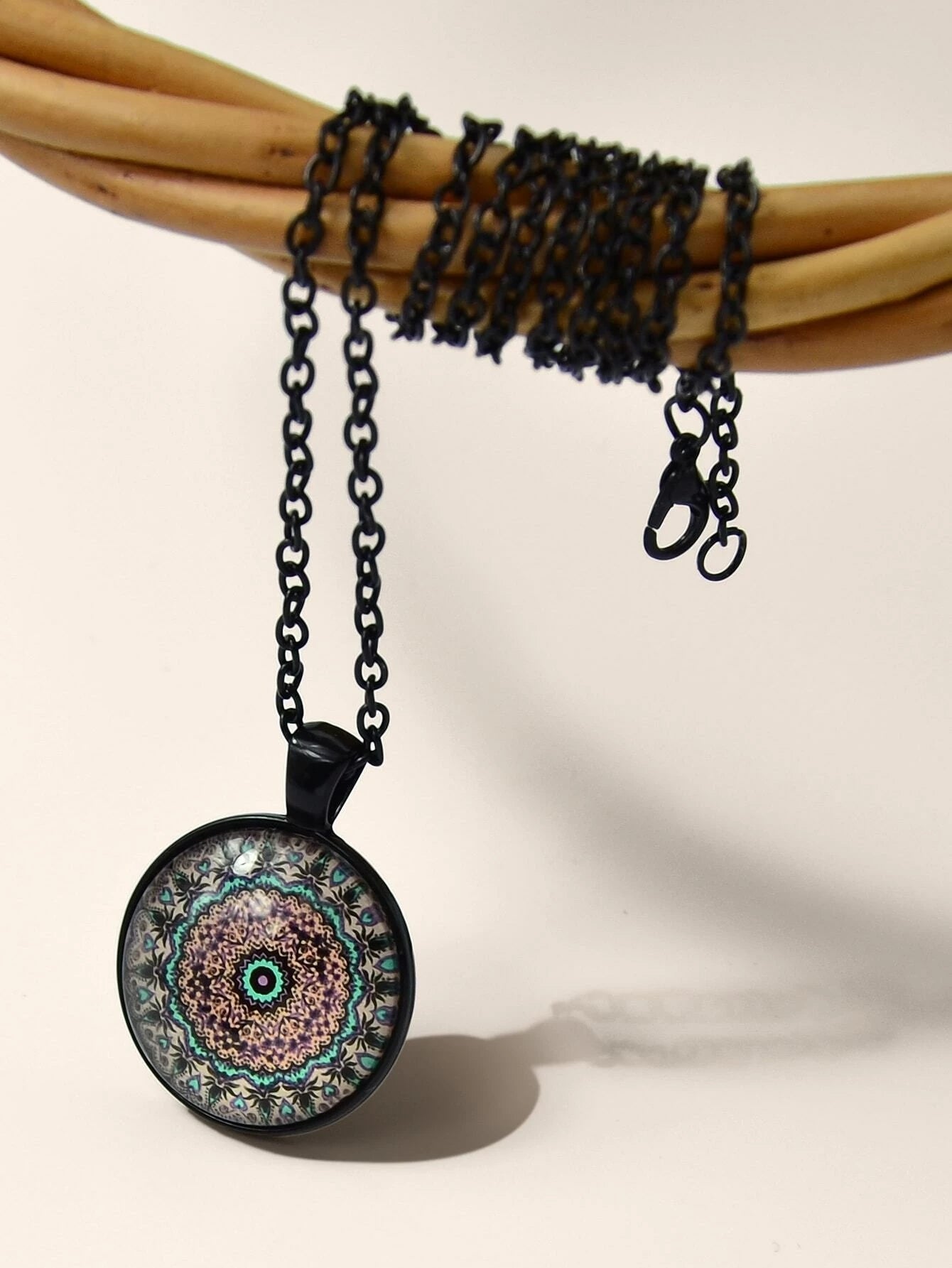 Retro Jewellery Ethnic Black Chain Geometric Mandala Round Pendant Boho Necklace