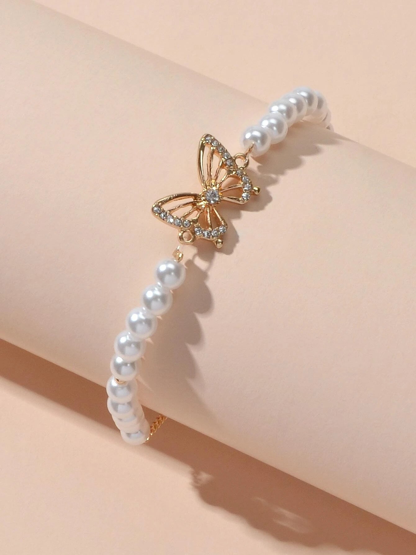 Fashion Jewellery Rhinestone Butterfly Charm Pearl Sliding Adjustable Bracelet