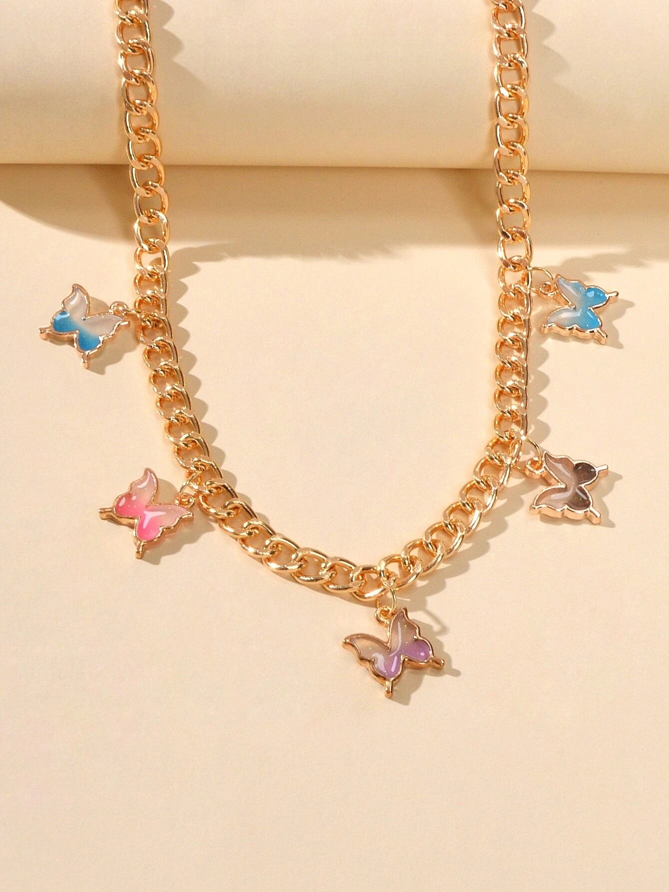 Hip Hop Colorful Enamel Bling Butterfly Charm Necklace Clavicle Chain Choker