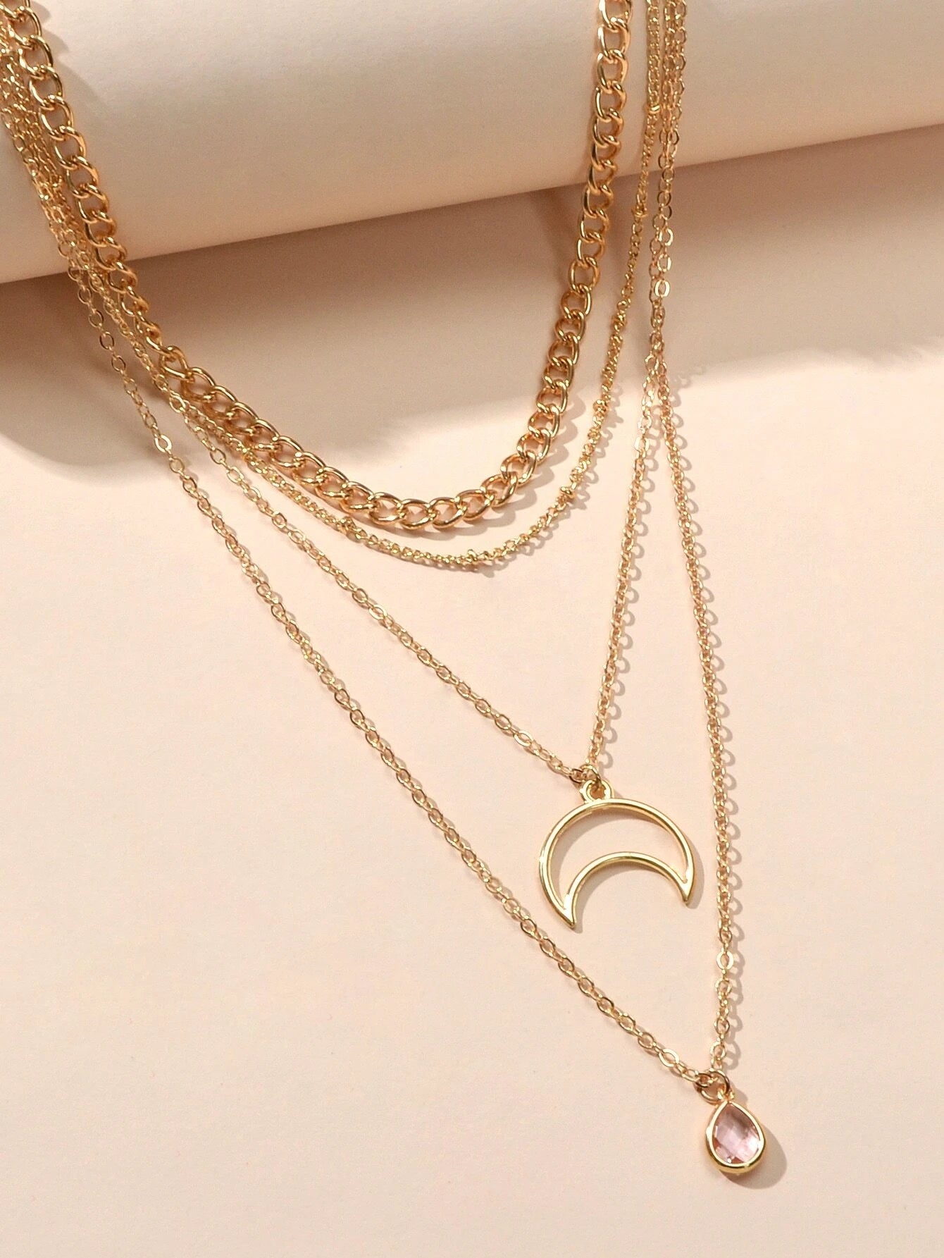 Multi-layer Gold Tone Chain Moon Water Drop Pendant Necklace Girls Party Jewelry