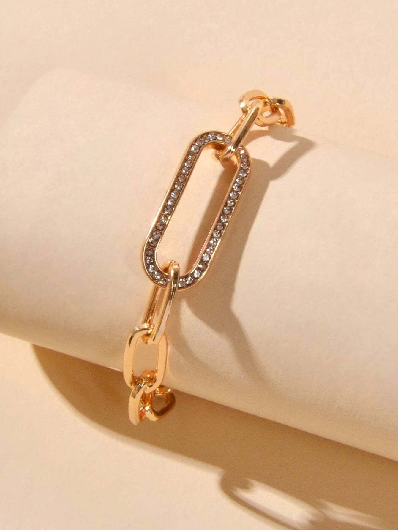Rhinestone Decor Geometric Gold Chunky Solid Chain Bracelet Women Teens Jewelry