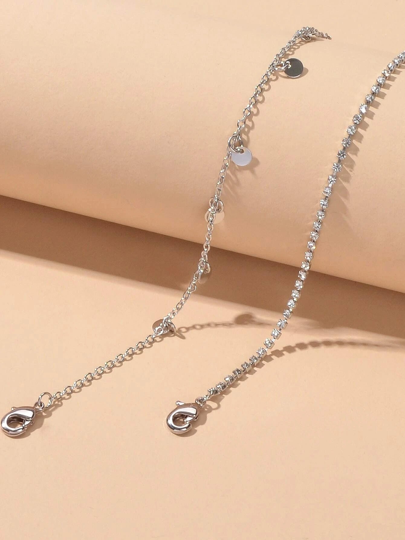 2pcs Women Rhinestone Gold Silver Chain Disc Charm Bracelet Fashion Accessories
