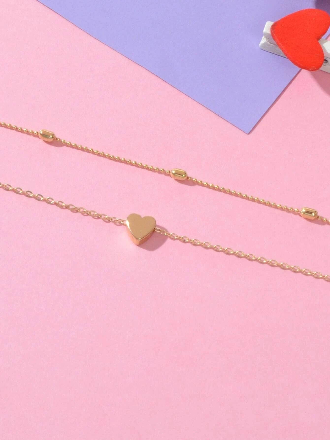Double Layer Gold Chain Heart Charm Necklace Triangle Stud Earrings Jewelry Set
