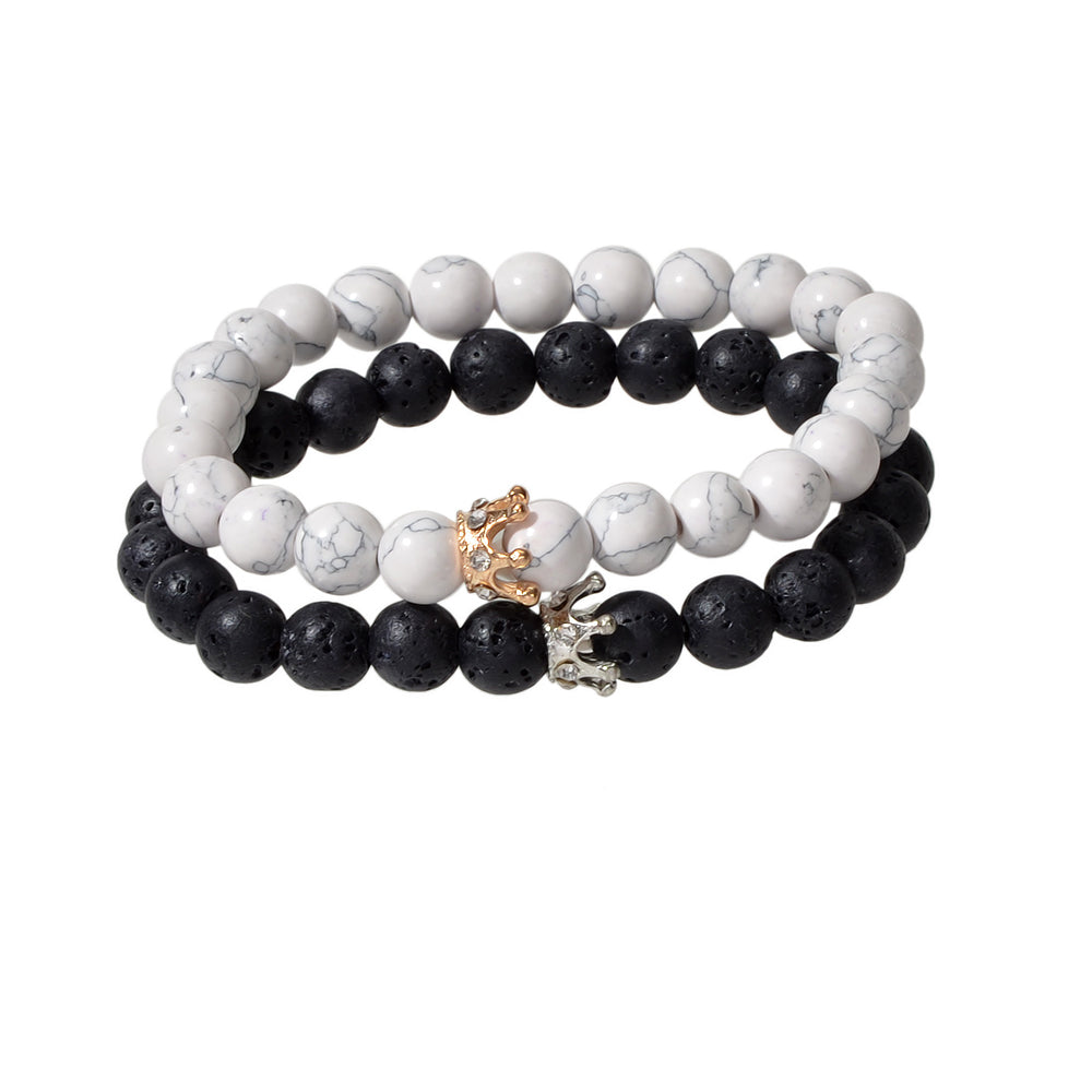 2pcs Crown Marble Lava Stone Beads Boho Ethnic Bracelet set Chunky Jewelry Gift