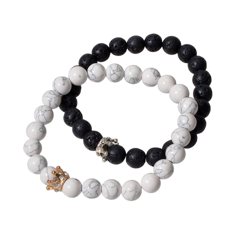 2pcs Crown Marble Lava Stone Beads Boho Ethnic Bracelet set Chunky Jewelry Gift