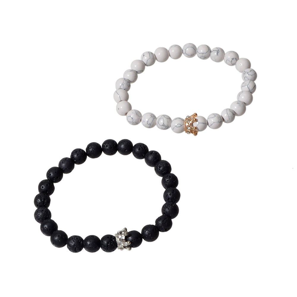 2pcs Crown Marble Lava Stone Beads Boho Ethnic Bracelet set Chunky Jewelry Gift
