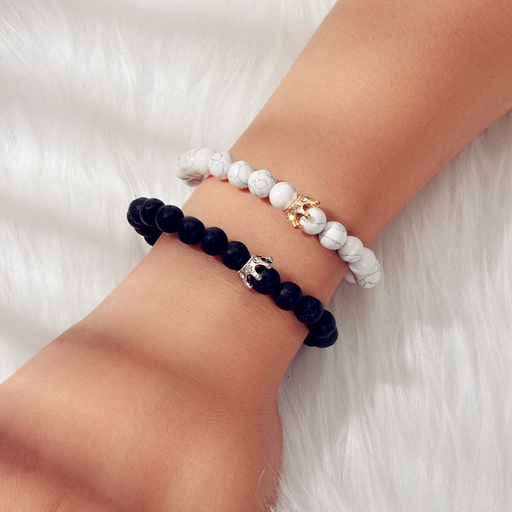 2pcs Crown Marble Lava Stone Beads Boho Ethnic Bracelet set Chunky Jewelry Gift