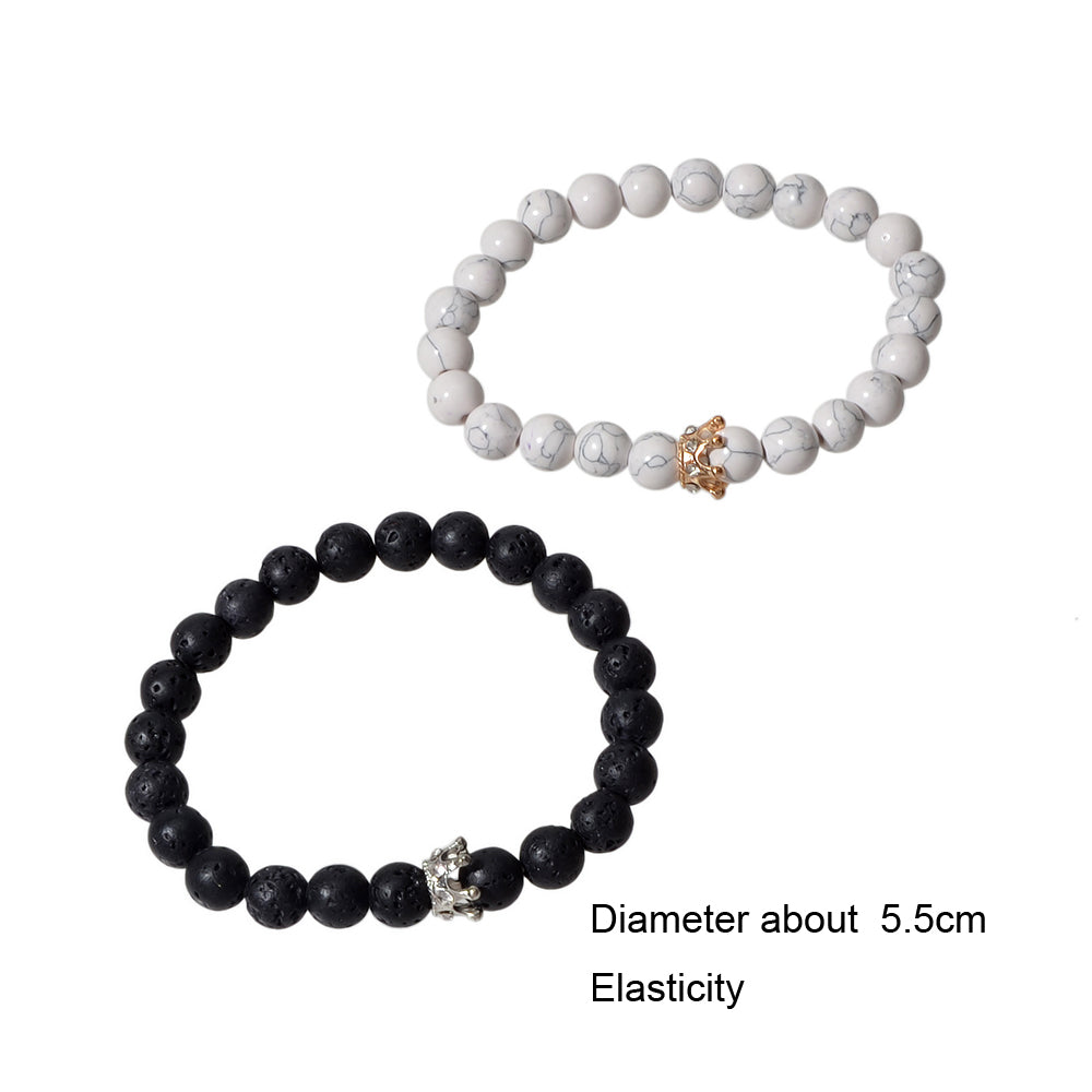 2pcs Crown Marble Lava Stone Beads Boho Ethnic Bracelet set Chunky Jewelry Gift