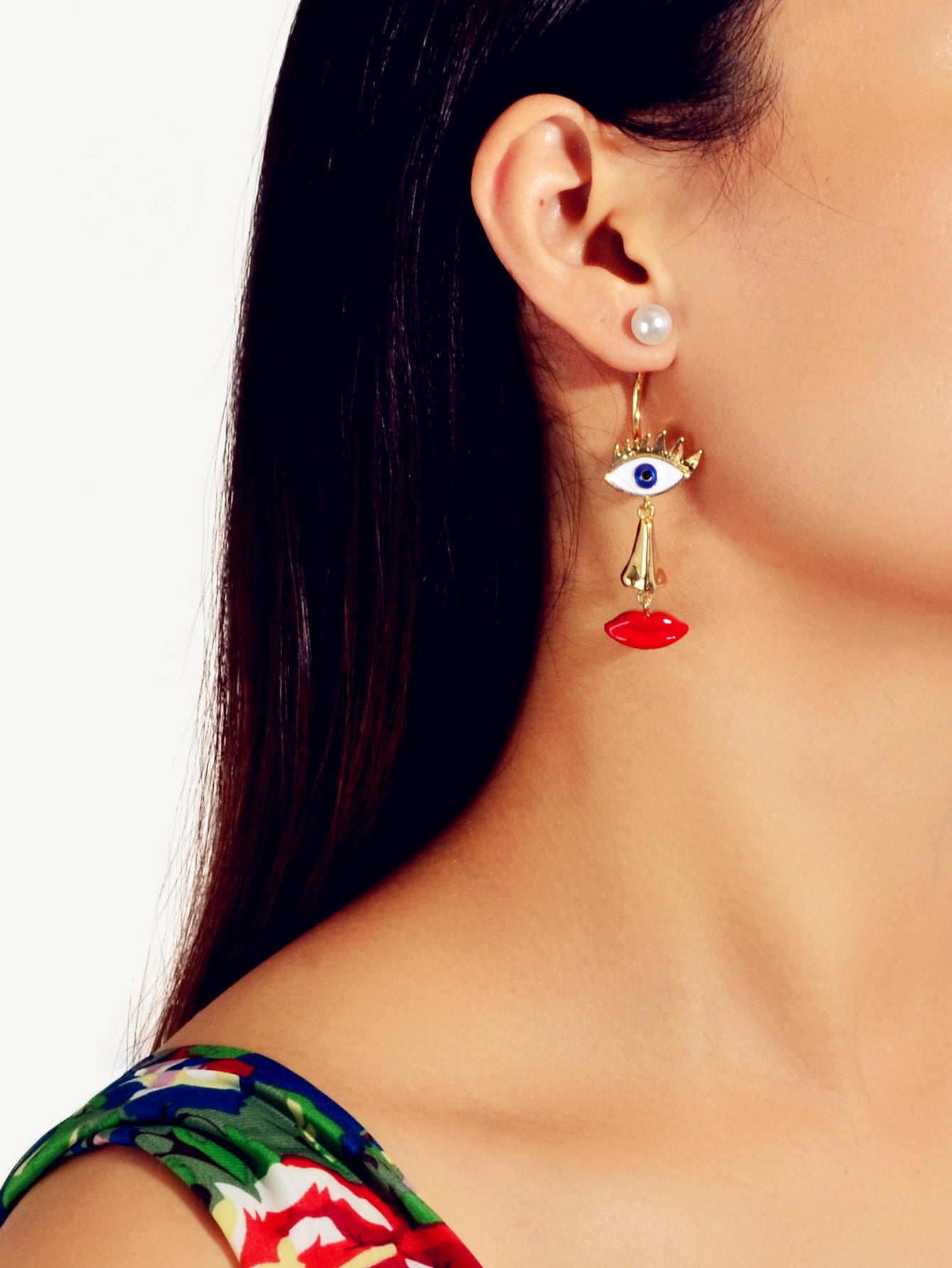 Grunge Rock Asymmetrical Eye Nose Red Lips Funny Weird Face Pearl Stud Earrings